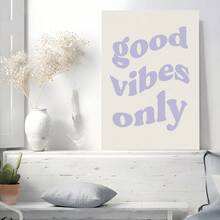 1Pc Framed Wall Art Good Vibes Only Retro Purple Canvas Poster Paintings Ideal Gift For Living Room Bedroom Corridor Wall Decor Room Decoration Ready To Hang - Multicolor - View 2