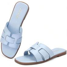 Dressy Summer Flat Sandals With Square Open Toe - Light Blue - View 1