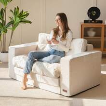 MAXYOYO Convertible Sofa Bed,Pull-Out Double Sofa Bed,2-In-1 Folding Sofa Bed Filled With High-Density Sponge,Folding Floor Sofa With Pillows,Suitable For Living Room,Bedroom,Study - 米色 - 查看 6