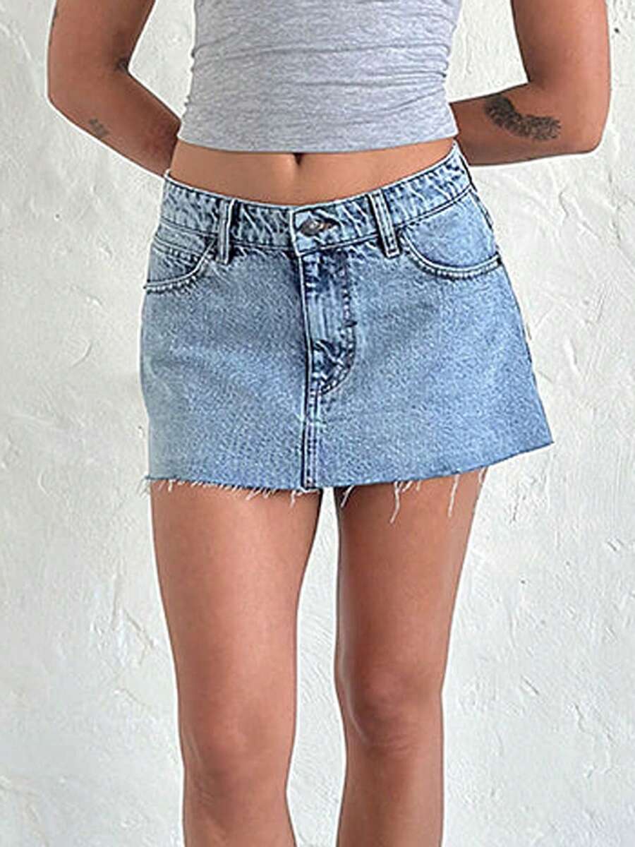 Women's SummerDenim Mini Skirts Low Waist Raw Hem Casual Fashion Jean Skirts Streetwear - 藍色 - 查看 1