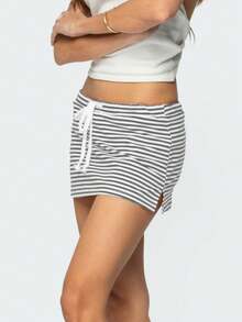 Women Y2k Mini Skirts Solid Color Low Rise Drawstring Skirts Elastic Waist Bow Front Short Skirt Stretchy Side Slit Pencil Skirts Summer Casual Streetwear - 淺灰色 - 查看 6