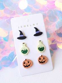 3 Pairs Halloween-Themed Acrylic Dangle Earrings With Baked Enamel Wizard Hats & Sugar Skull Pumpkin Bat Design, Cute And Fun Party Gift Earrings For Women Girls