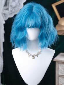 alicegarden 1 片合成耐热卷发，蓝色刘海假发长度 12 英寸，编织日常自然逼真假发。（不含配件） - 藍色 - 查看 5