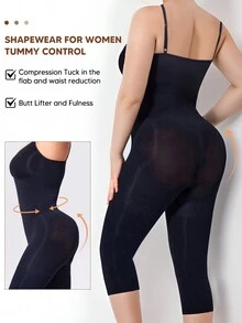 Women Low Back One Piece Jumpsuits Tummy Control Workout Full Length Casual Shaperwear Bodysuit - 黑色 - 查看 2