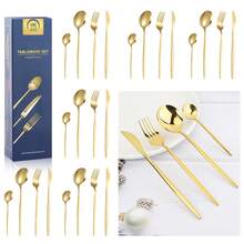 Juego De Cubiertos De 24 Piezas Cuchillo,Tenedor Y Cuchara,Juego De Cubiertos Para 6 Personas,Cubiertos Acero Inoxidable De 24 Piezas Incluye Cuchillos,Tenedores,Cucharas Espejo Pulido,Juego De Cubierto Para Cocina, Restaurante,Hotel,Apto Para El Lavavajillas (oro) - Dorado - Ver 3