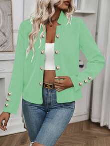 Women's Solid Color Button-Up Long Sleeve Lightweight Jacket, Spring/Autumn - Light Green - View 4