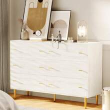 Fumei 6 Drawers Dresser For Bedroom, 47.2" Wide White Dresser Wood Rustic Chest Of Drawers With Large Drawers & Bar Handles,Natural Texture,Drawer Organizer For Living Room,Hallway And Entryway - 15.6 英吋深 x 47.2 英吋寬 x 33.5 英吋高(6 個抽屜) - 查看 1