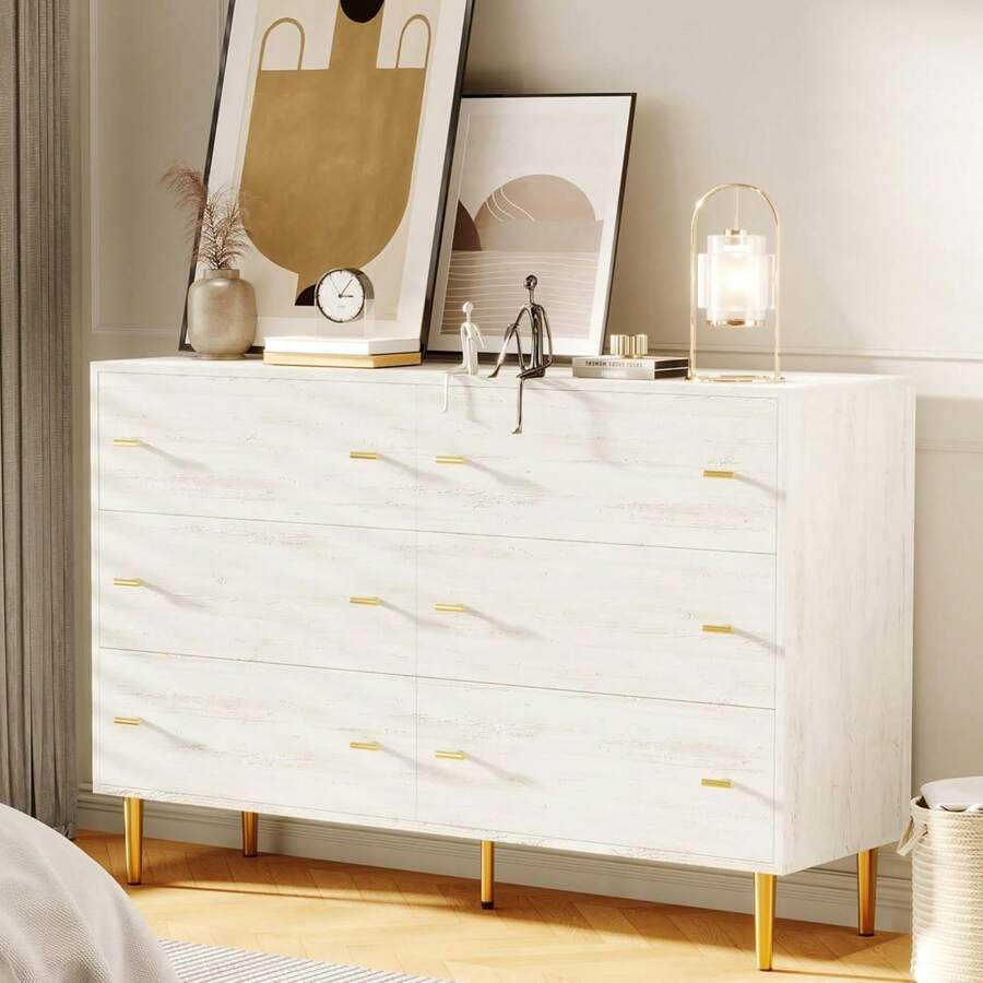 Fumei 6 Drawers Dresser For Bedroom, 47.2" Wide White Dresser Wood Rustic Chest Of Drawers With Large Drawers & Bar Handles,Natural Texture,Drawer Organizer For Living Room,Hallway And Entryway - 15.6 英吋深 x 47.2 英吋寬 x 33.5 英吋高(6 個抽屜) - 查看 1