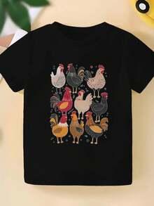 Cartoon Chickens And Roosters Set Illustration Kids T Shirt Cute Animal Graphic Tee Fun Gift Toddler Boys Girls Summer Casual Soft Lightweight Breathable Everyday Wear Playful Apparel