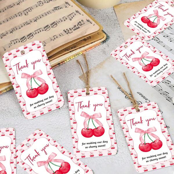 50pcs Sweet Cherry Thank You Gift Tags With Hemp Rope - Elegant Paper Hanging Labels For Weddings, Birthdays, Anniversary, Gift Bags & Party Favor Decorations, Gift Wrapping Supplies