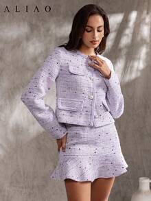 Aliao 精致亮片粗花呢外套，秋季上衣，优雅端庄的女士上衣，返校服装，秋季女装，婚礼宾客上衣 - 淡紫色 - 查看 3