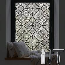 DKTIE Boho Stained Glass Look Window Privacy Film With Installation Tools, Decorative Frosted Glass Window Film Static Cling No Glue Removable, Black, 17 X 78