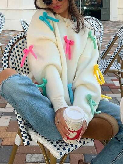 Suéter de punto con cuello redondo, mangas largas y hombros caídos, con decoración de lazo 3D colorido. Ropa casual y linda para mujer en otoño/invierno, de moda y versátil, adecuado para el Día de San Valentín/Navidad