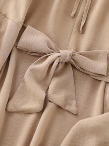 时尚纯色V领不对称系带长袖宽松迷你连衣裙