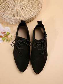 女士系带平底鞋，复古尖头绒面平底鞋，舒适复古一脚蹬鞋 - 黑色 - 查看 5