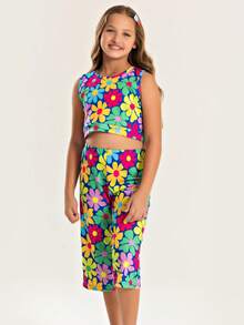 Conjunto Verão Menina Cropped Com Amarração nas Costas e Calça Pantacourt Florido - Azul Royal - Visão 1