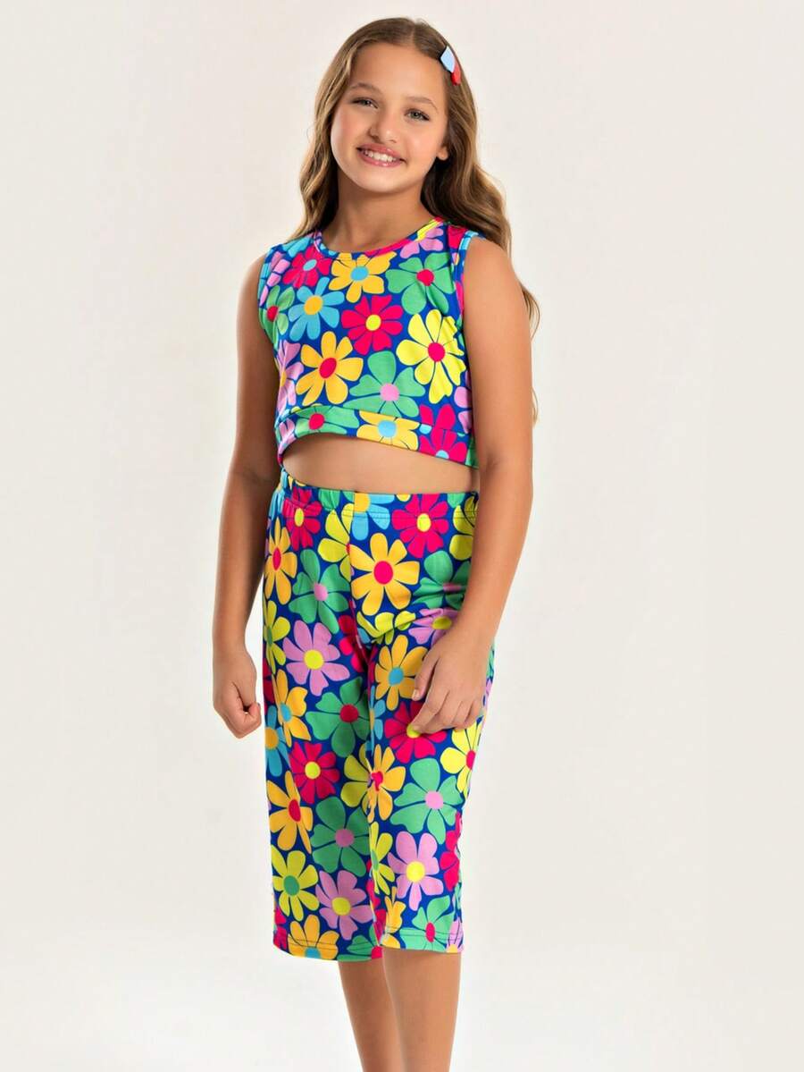 Conjunto Verão Menina Cropped Com Amarração nas Costas e Calça Pantacourt Florido - Azul Royal - Visão 1