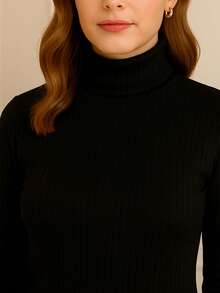 Cacharrel Women's Blouse, High Neck, Long Sleeve, Premium Ribbed, Simple, Knitted, Office - Black - View 2