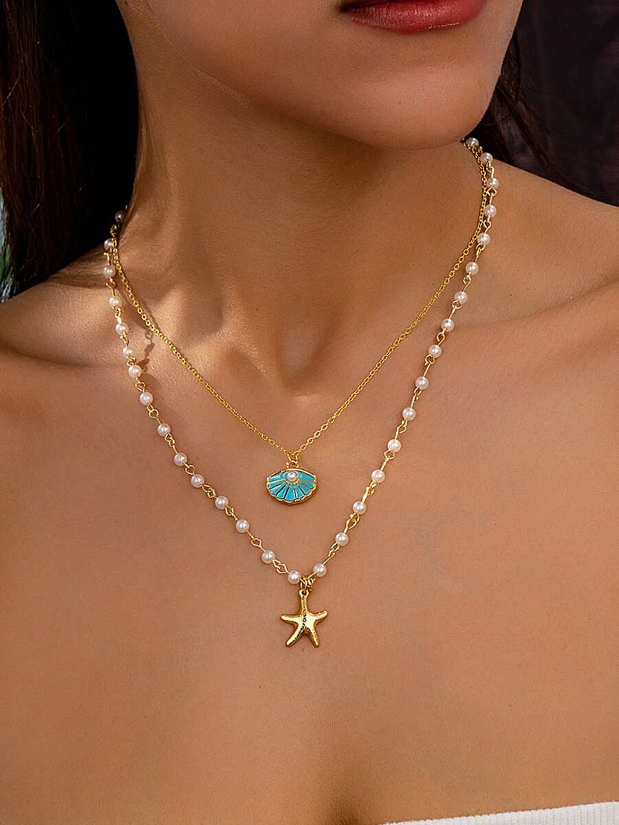 1件双层珍珠、海星和贝壳吊坠项链，设计优雅，适合女性，沙滩派对礼物 - 白色 - 查看 1