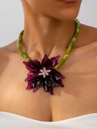 1pc Exaggerated Orange & Black Tie Dye Floral Handmade Beaded Pendant Necklace, Floral 3D Party Necklace, Elegant Everyday Casual Necklace (Black Tie Dye Color Random)