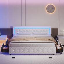 Twin/ Full/ Queen Bed Frame With Drawers, Upholstered Bed Frame With LED Lights, Modern Platform Bed Frame With Headboard And Footboard, Diamond Tufted Design, No Box Spring Needed, White/ Pink/ Black/ Purple/ Yellow (Twin Size 2 Drawers/ Other Size 4 Drawers) * Bed Frame Queen Bed Frame Bed Queen Bed Frame King Bed Frame Bedroom Furniture Bed Frame Full Full Size Bed Frame Twin Bed Frame Beds Cozy Bedroom Home Bedroom Refresh Room Decor Home Decor Christmas Decor Bedroom Decor Valentine Day Decor Storage Living Room Decor Furniture House Decor Halloween Decorations  ( USB LED Strip) - White - View 14