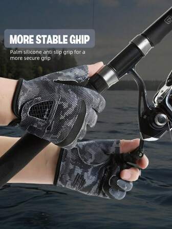 2 PIEZAS Guantes de pesca camuflados, guantes de pesca transpirables de seda de hielo para exteriores, con dedos abiertos antideslizantes, adecuados para kayak y pesca al aire libre