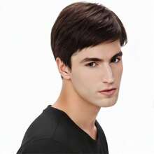 Pelucas de moda para hombres con flequillo oblicuo, hermoso cabello corto y liso, capucha completa - Marrón - Ver 2