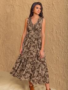 Rusttydustty Long Sleeveless Dress, V-Neck Design, Waist Cinched, Suitable For Casual Vacation, Boho Style, Beach Outfit, Music Festival, Tropical Holiday And Other Occasions