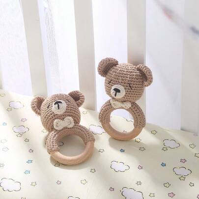 1PC Baby Soothing Handheld Grip Toy, Handmade Crochet Cute Bear Rattle Toy, Focus Training Sensory Stimulation Toy, Newborn Gift, Christmas Birthday Present