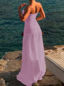 Vestido de vacaciones de línea A sin tirantes y calado, sexy y casual, para primavera/verano - Púrpura malva - Ver 5