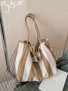 Women Striped Shoulder Bag Simple Carrying Bag Large Capacity Stylish Shoulder Purse Casual Shopping Bag Canvas Commuting Bag Summer Stripe Canvas Tote Bag Female Casual Large Capcity Handle Bag Simple Shoulder Bags Shopping Handbag Daily Totes Bag - Khaki - View 1