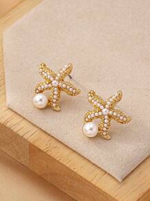 1 paire de boucles d'oreilles à tige perle et étoile de mer thème océanique, polyvalente pour femmes