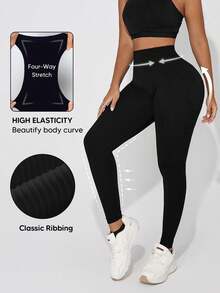 Women's Solid Color Minimalist Leggings For Daily Wear - màu đen - Xem 2