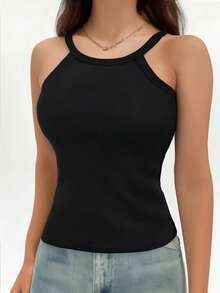 1 Peça Regata Ajustada Feminina de Cor Sólida BASICS, Parte Superior de Malha Canelada Casual - Preto - Visão 4