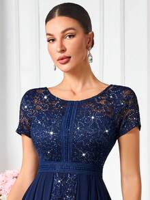 MIUSOL Sequin Floral Lace Contrast Chiffon Round Neck Pleated Hem Evening Party Long Dress Summer Elegant - Navy Blue - View 10