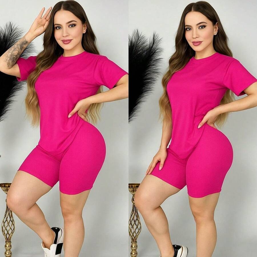 Women Two-Piece Outfits - Hot Pink - View 1