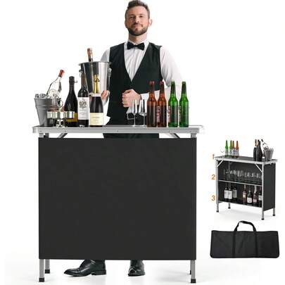 Portable Bar Table, 3-Tier Shelves, Mobile Bar Table For Events, Party, Camping, Picnic, Tradeshow, Indoor With Black Skirt, 39 "L X 34" H