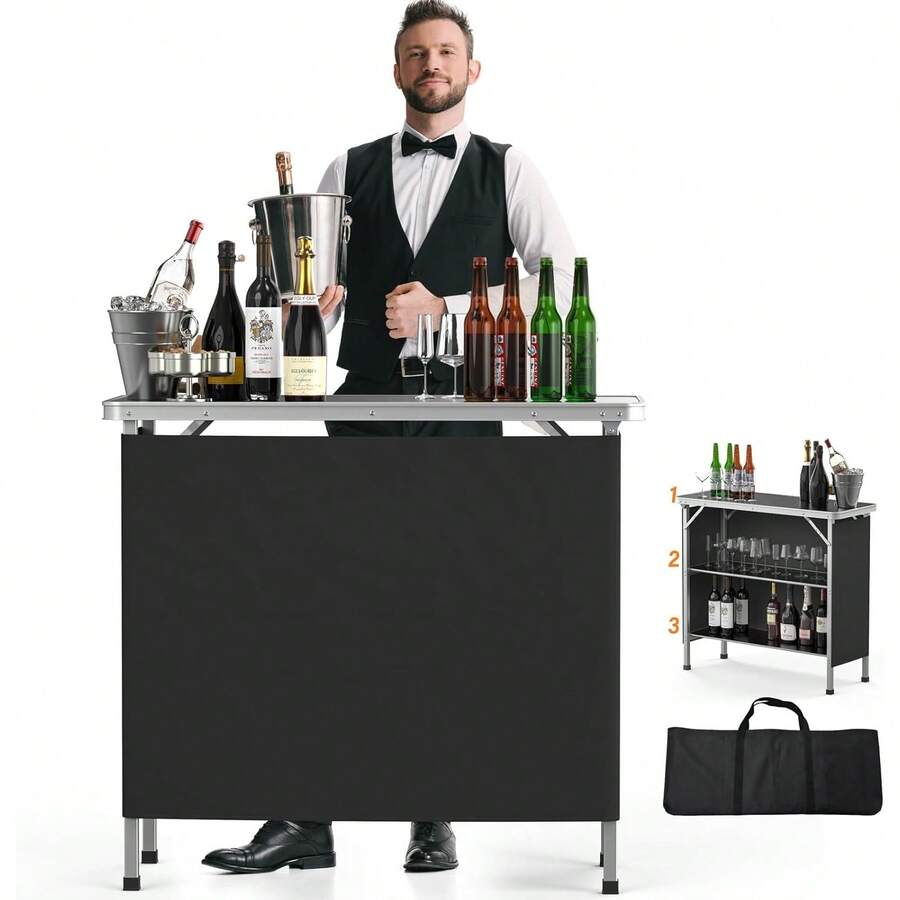 Portable Bar Table, 3-Tier Shelves, Mobile Bar Table For Events, Party, Camping, Picnic, Tradeshow, Indoor With Black Skirt, 39 "L X 34" H - màu đen - Xem 1