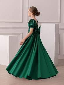 少女圣诞连衣裙优雅泡泡袖露背深 V 亮片公主裙，适合女孩生日派对、花童、婚礼、舞会、节日场合 - 墨綠色 - 查看 5