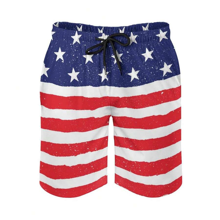 Men Swim Trunks Quick Dry With Lining And Pockets Beach Shorts  ,Retro American Flag High-Elastic Soft Fabric Beach Pants, Perfect For Summer Outdoor Sports Surfing Gym And Outdoor Activities - 紅色 - 查看 1
