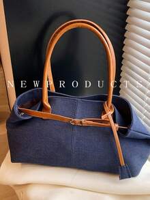 1 pieza Bolso de mano de mezclilla con efecto lavado, bolso de hombro con decoración de correa, cierre magnético - Azul lavado oscuro - Ver 3