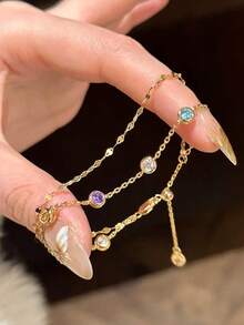 1pc Geometric Faux Pearl Micro-Inlaid Zirconia Tassel Luxurious Copper Gold Color Bracelet For Women, Suitable For Evening Party, Gala, Date, Matching Daily Outfits And Accessories - Gold - View 8