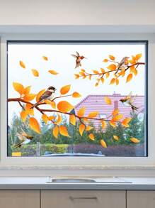 1 pièce Autocollants de fenêtre pour la décoration d'automne à la maison, avec série de petits oiseaux dessinés à la main et de branches, y compris un cardinal, des feuilles d'érable doré, un bulbul, un perroquet, des branches de moineaux. Autocollants statiques pour la chambre, le salon, la cuisine, la salle de bain, l'armoire