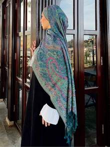 1条女士经典复古优雅波西米亚风时尚花草图案休闲百搭提花围巾，适合搭配连衣裙、沙滩装、度假装、配饰、旅行必备单品 - 孔雀綠 - 查看 3
