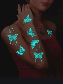 1 Sheets Large Size Blue Luminous Butterfly Tattoo Stickers For Women, Glow In The Dark, Waterproof Temporary Tattoo For Music Festival Party - Multicolor - View 2