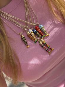 1 件彩色波西米亚风格手工串珠鱼吊坠不锈钢项链，DIY 精致百搭夏季珠宝，Y2K 个性化海洋风格女士珠宝 - 彩色 - 查看 2