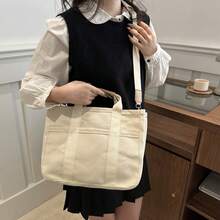 1pc New Large Capacity Single Shoulder Bag - Women's Handbag - Travel Accessory - Canvas Material - White - View 7