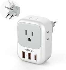 Adaptador de Viaje Universal para Europa: Con 3 Puertos USB (1 Tipo C) y 4 Salidas de CA, Ideal para Viajar de América/México a Italia y España - Blanco y Gris - Ver 13