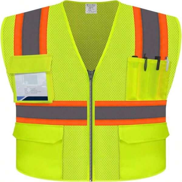 Uno Mejor High Visibility Vest For Men Women, Reflective Safety Vest With Pockets, Hi Vis Work Vest With Zipper, Construction Vest For Workers/Contractors/Surveyors, ANSI Compliant, (UB-Yellow, 5XL)