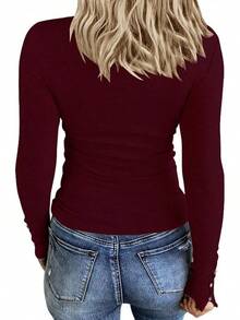 Women's Long Sleeve Henley T Shirts Button Down Slim Fit Tops Scoop Neck Ribbed Knit Shirts/Vacation Outfits Women/Valentine Outfits For Women - 酒紅色 - 查看 2